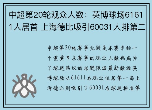 中超第20轮观众人数：英博球场61611人居首 上海德比吸引60031人排第二