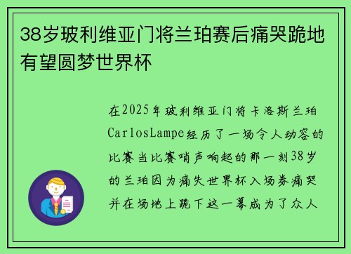 38岁玻利维亚门将兰珀赛后痛哭跪地有望圆梦世界杯